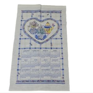 Vintage 1998 Calendar Kitchen Towel Blue White Linen Cotton Cottage Core Tea Tow